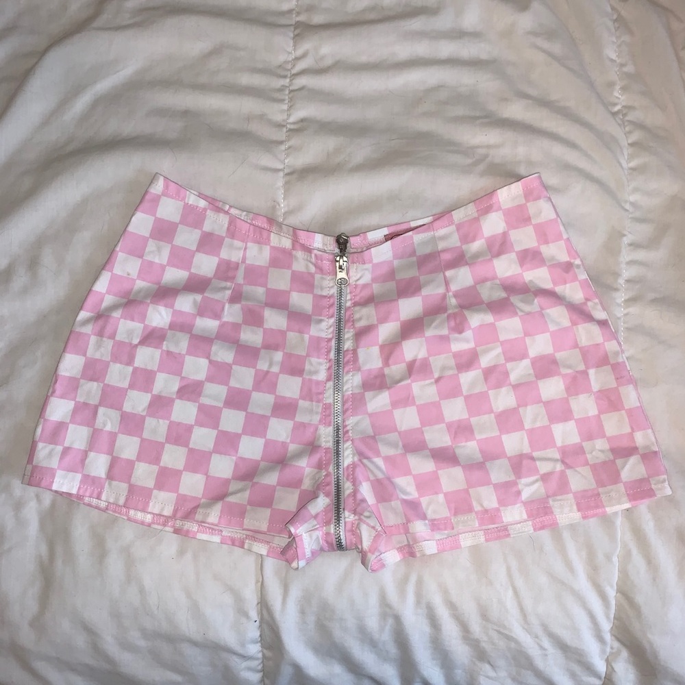 Pink checkered zip up shorts
